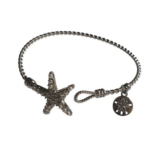Pearl Starfish Silver Tone Twisted Wire Bracelet Charm Nautical Details Elegant - Picture 1 of 5